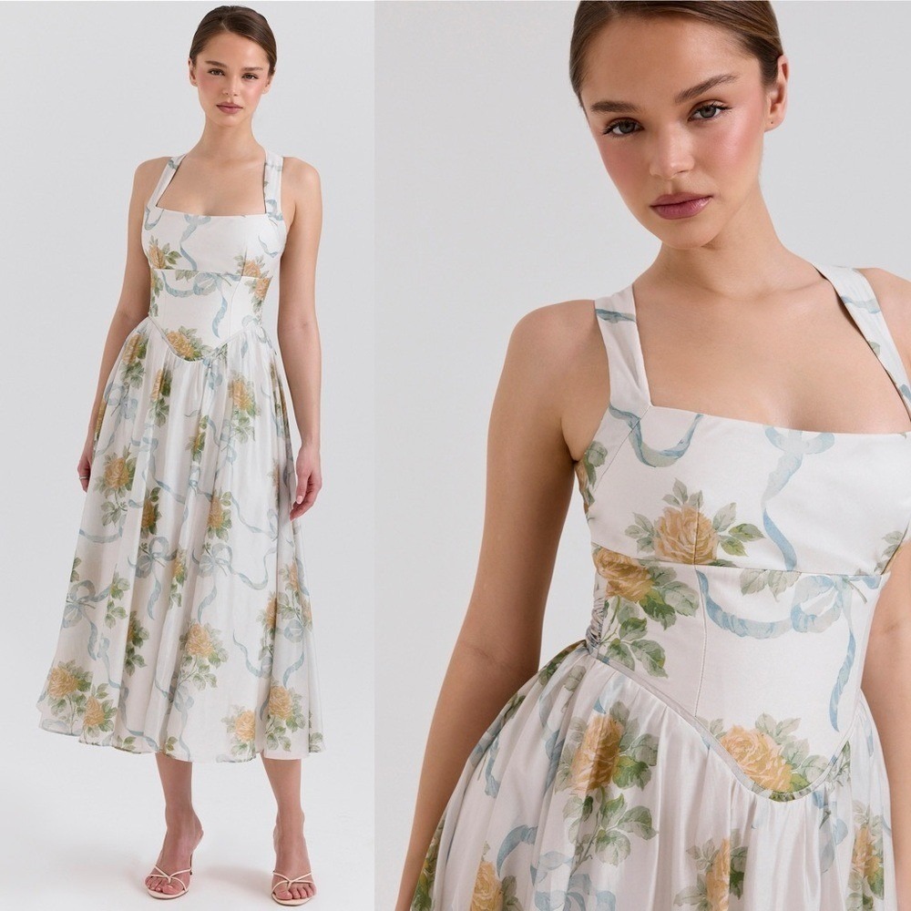 House of CB Minerva Soft Blue Vintage Ribbon Print Chiffon Midi Sundress Size M